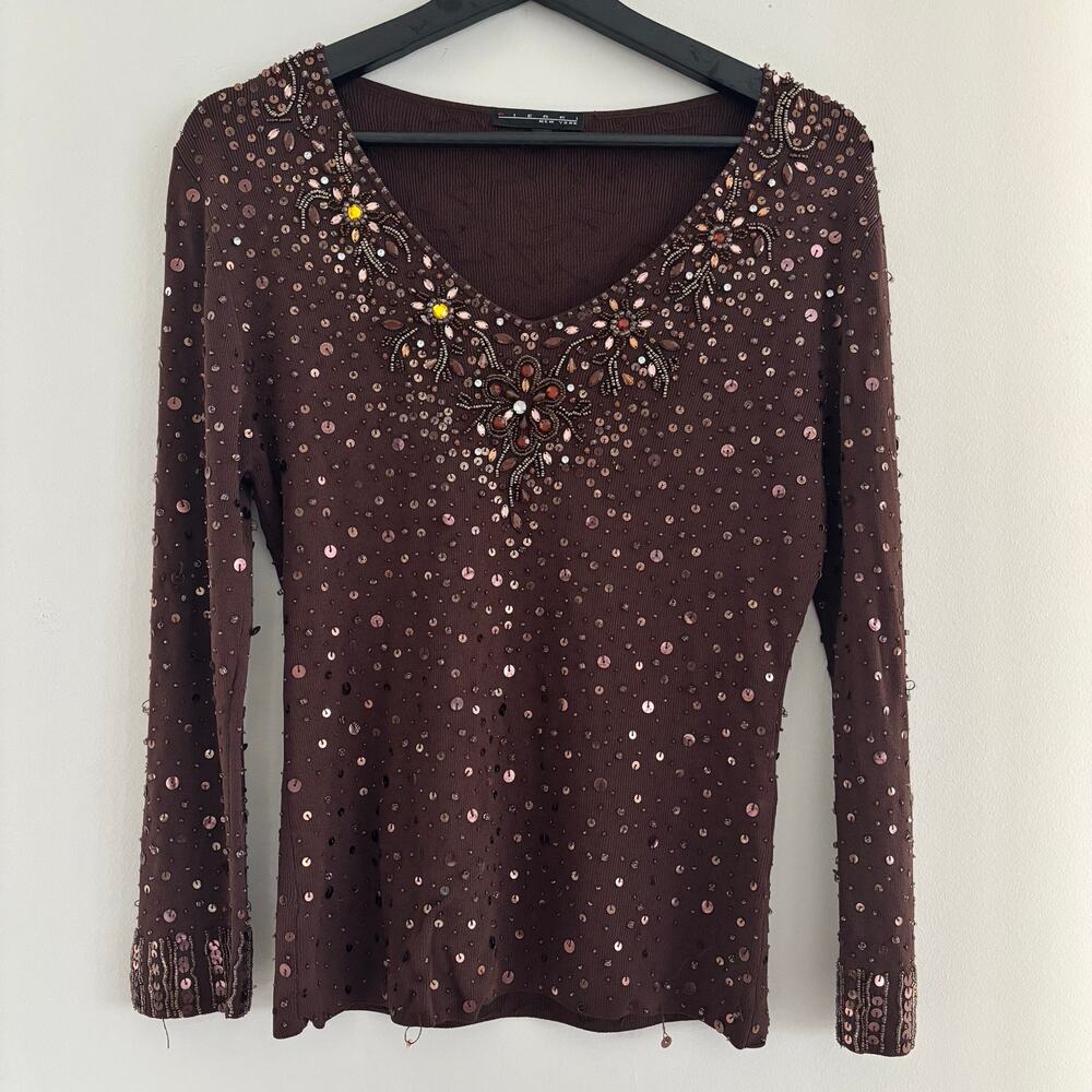 Pierri New York Brown V Neck Knit Top Beaded Sequin Embellishment Size Medium